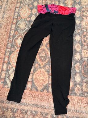 Victoria's Secret Black Leggings with Pink Floral Fold-Over Waistband